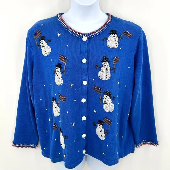STORYBOOK KNITS AMERICAN SNOWMEN SEQUIN BEAD SNOWMAN FLAG GRANNY CORE CARDIGAN - Picture 1 of 7
